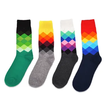 

Hip hop Fashion Checkered Elements Happy Socks Men Gradient Color White Black Socks Novelty British Men's Knee High Stocking