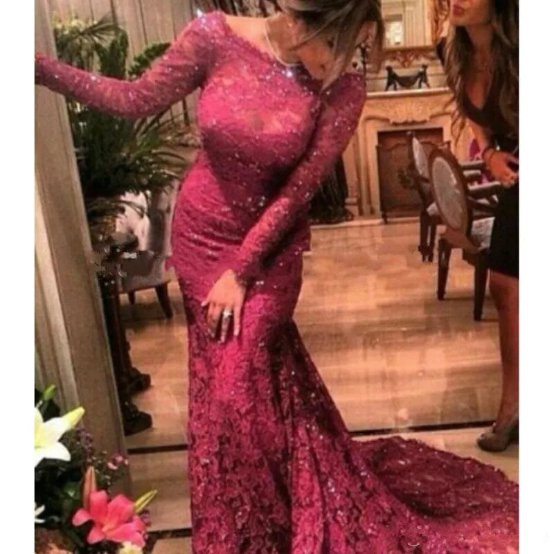 

Burgundy Muslim Evening Dresses 2019 Mermaid Long Sleeves Lace Beaded Islamic Dubai Saudi Arabic Long Evening Gown Prom Dress