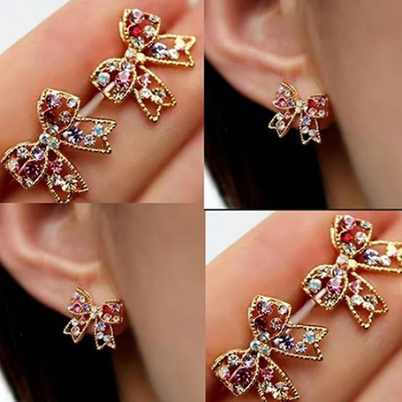 

FUNIQUE 2019 Boho Women's Earrings Vintage Colorful Rhinestone Bowknot Bow Ear Stud Earrings Charm Party Earing Jewelry Brinco