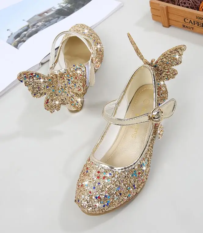 Новая милая детская обувь на высоком каблуке для девочек, модная детская обувь принцессы с блестками, вечерние обувь с бабочкой для