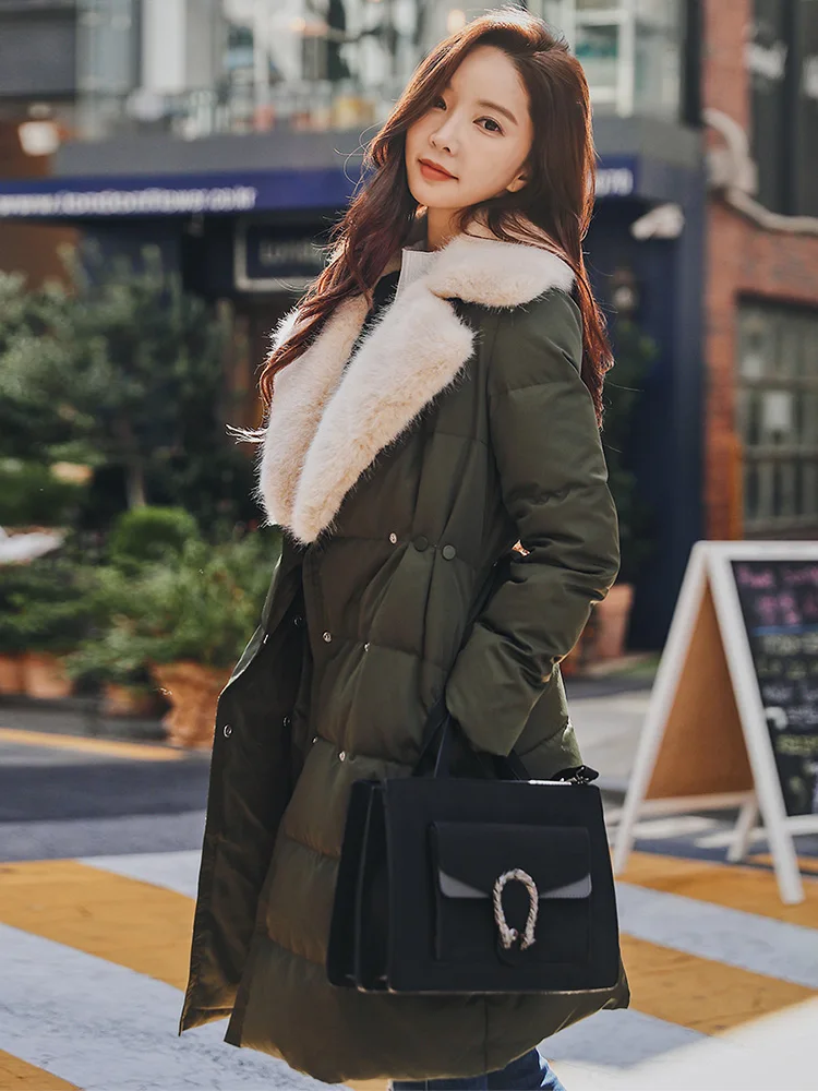 Dabuwawa Turn Down Collar Fur Winter Women Long Coat White Duck Down Green Pink Thick Warm Outerwear Down Jacket Streetwear
