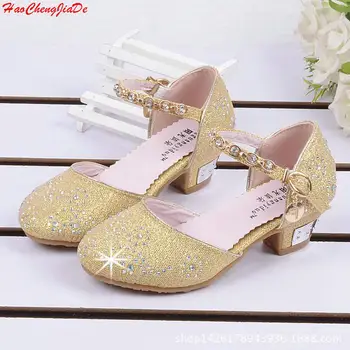 

Hot sale girls princess shoes Summer breathable sandals Rhinestone mid heel single shoes kids leather sandal Children shoe