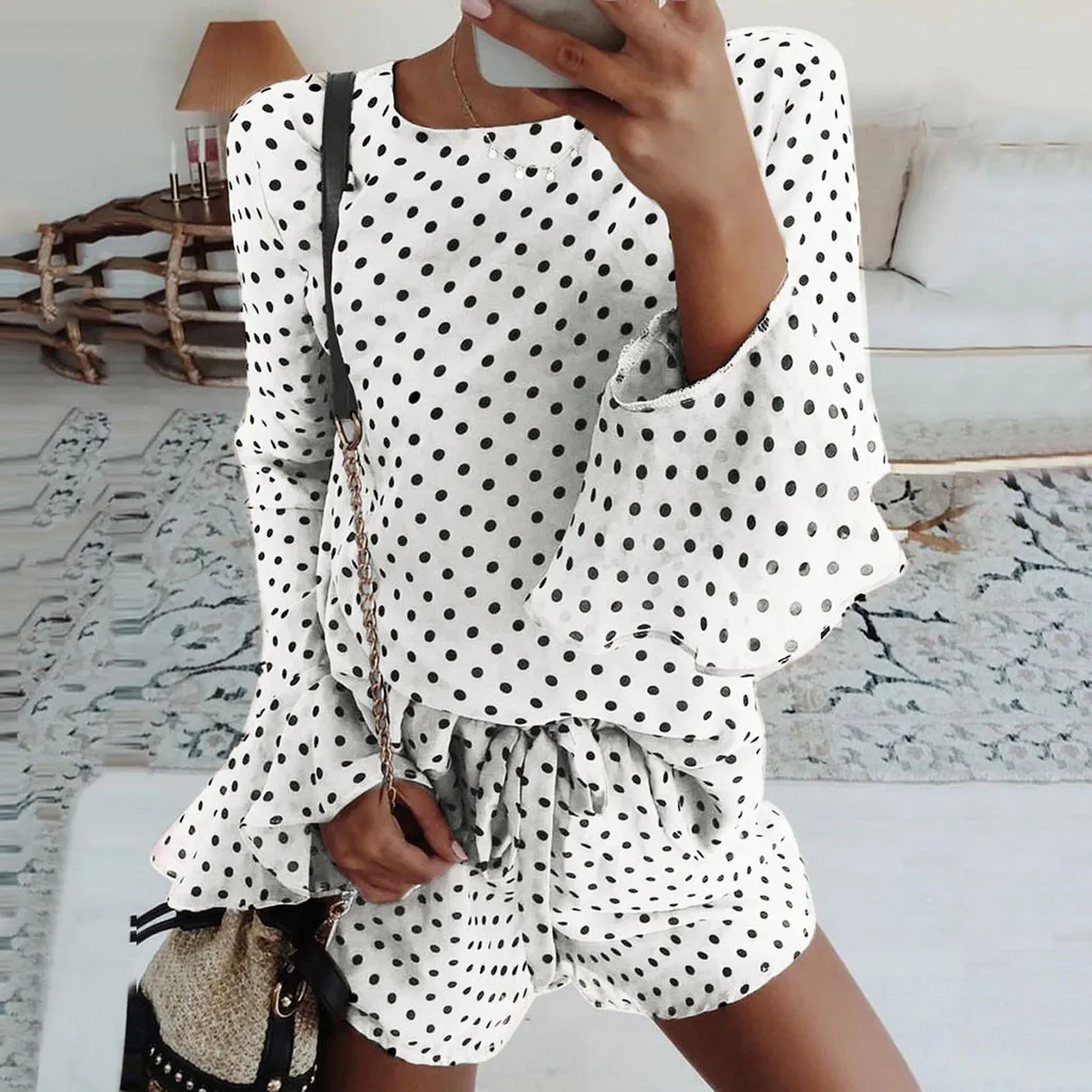 

MUQGEW Women Summer clothes Fashion Prnted Dot Casual Flare Sleeve Top Blouse Short shorts two piece set women two piece outfits