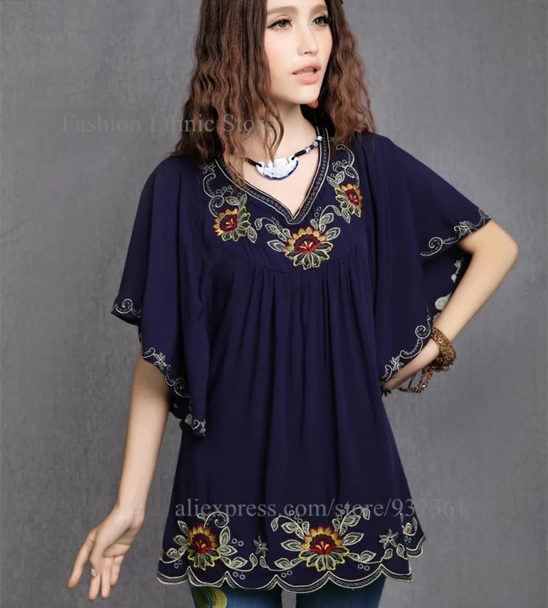 Vintage Mexican Embroidery boho Batwing Women Dress Loose