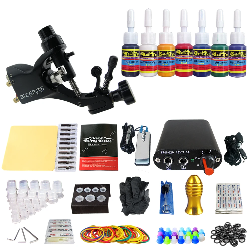 

Solong Tattoo Complete Beginner Tattoo Kit 1 machine Gun 7 Color Inks Power Supply Grips Foot Petal Needles Set TK105-37