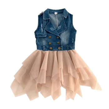 

Spring Summer quality girls tutu Dress baby denim dress kids Vestidos Children fashion Clothes sleeveless mesh 2 to 7 Yrs