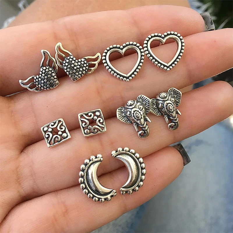 10 Pcs/Set Retro Hollow Heart Wings Elephant Moon Square Silver Color Stud Earrings Women Wedding Party Jewelry Earring Set | Украшения и