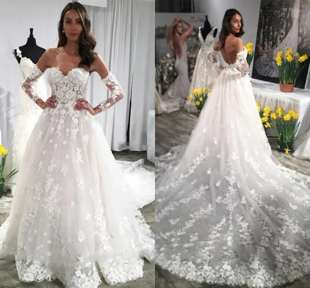 

Arabic Wedding Dresses Turkey backless Vintage Lace Wedding Gowns Plus Size Flower a-line Bride Dresses 2019 Vestido de Noiva