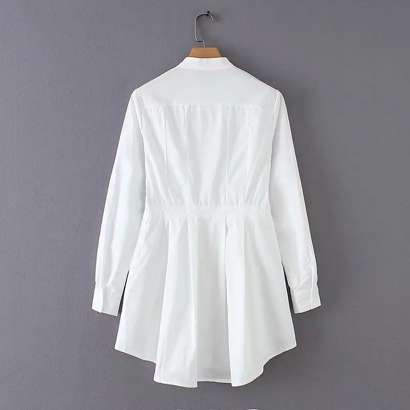  women elegant stand collar hem irregular pleats white blouse casual shirts office lady business fem