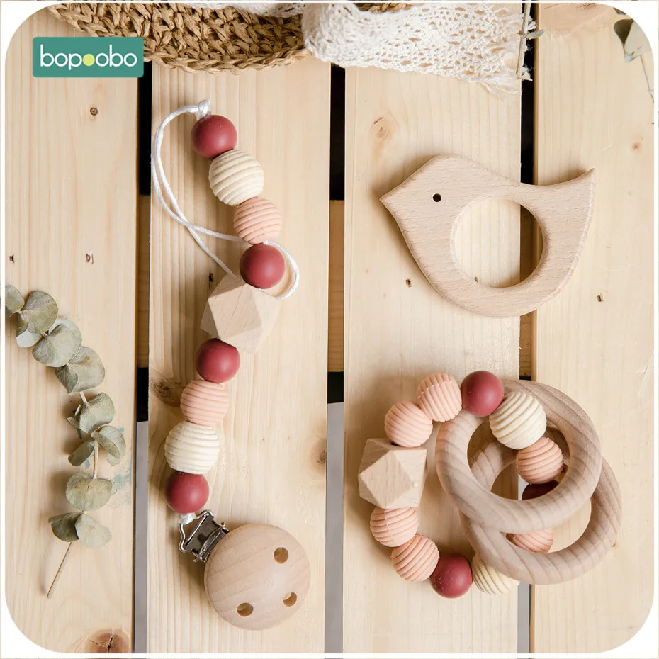 Bopoobo 3Pc/Set Silicone Beads Baby Teether Necklace Round Wooden Beads Pendant For Nursing Pacifier Chain Clips Baby Products