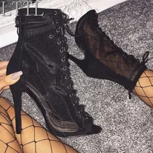 LTTL/Новые ботинки с открытым носком и сеткой; женские ботильоны со шнуровкой на молнии сзади; пикантные ботинки на тонком высоком каблуке; летние женские сандалии