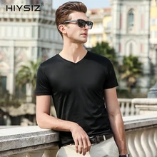 HIYSIZ NEW Men T-Shirt 2019 Tops Silk V-Neck T Shirt Soft Streetwear Solid Popular Casual Short Sleeves Shirts For Summer ST024 snap fastener embellished color spliced v neck short sleeves t shirt for men