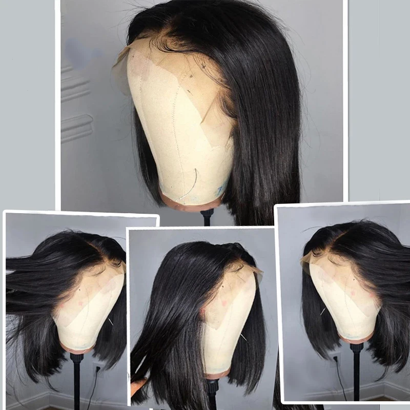 Синтетические волосы на кружеве человеческих волос парики для женский, черный Цвет короткий Боб фронтальной парик Реми бразильские Прямые
