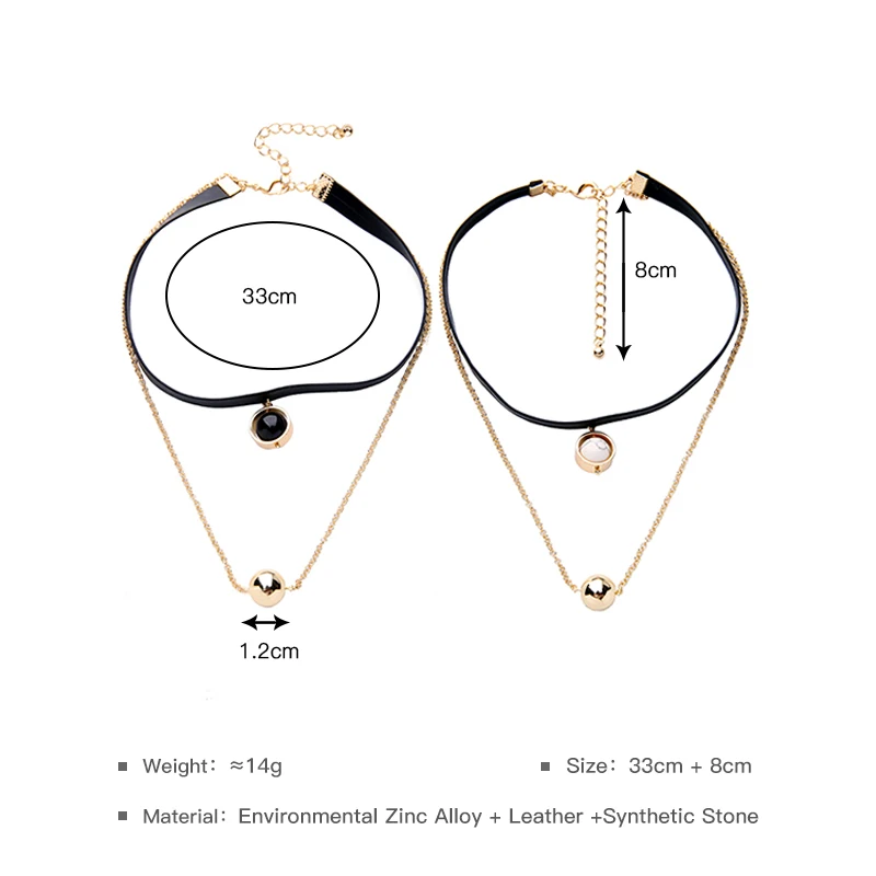 Золотой шар белый и черный искусственный камень шар кулон колье ожерелье имитация кожи и звено цепи двойной чокер, несколько слоев в