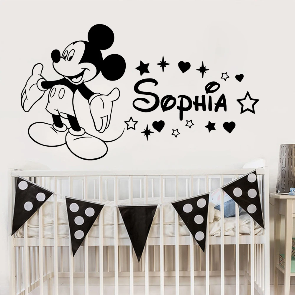 

Custom Name Mickey Mouse Vinyl Wall Stickers Decor For Kids Room Bedroom Decoration Removable Decal Wallpaper Mural