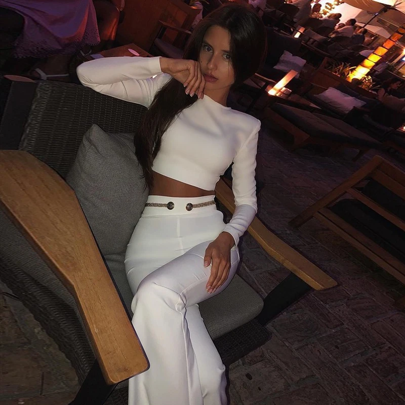 Gosexy 2018 New Women Bandage Two Piece Sets O-Neck Sexy Short Top Long Pant Suits Set With Button Formal Fashion Elegant Set