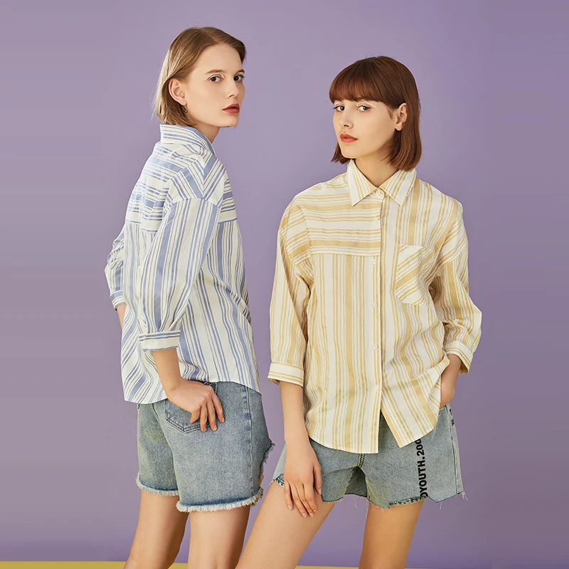 

Toyouth 2019 Women Spring Blouse Fashion Turn-Down Collar Stripe Print Three-Quarter Sleeve Shirt Female Loose Blouses
