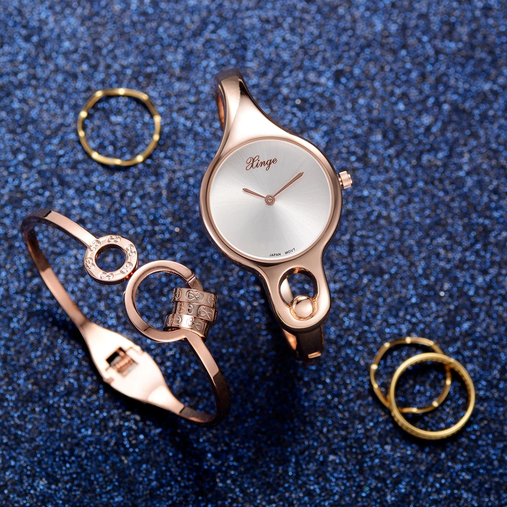 

Xinge Brand Rose Gold Watches Stainless Steel Women Bracelet Watches Wristwatch Set Trend luxury Rose Simple Waterproof Clock