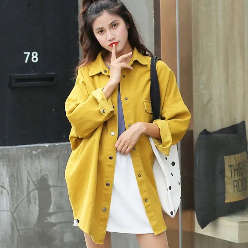 

Spring Autumn Boyfriend Loose Single-breasted Long Women Denim Jacket Korean Style Plus Size Solid Color Red Yellow Female Coat