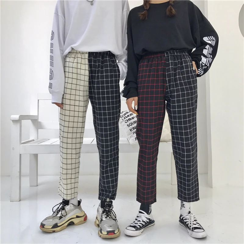 

2019 New Harajuku Pants Patchwork Plaid Pant Women Drawstring Elastic Waist Straight Pants Autumn Fashion Outwear