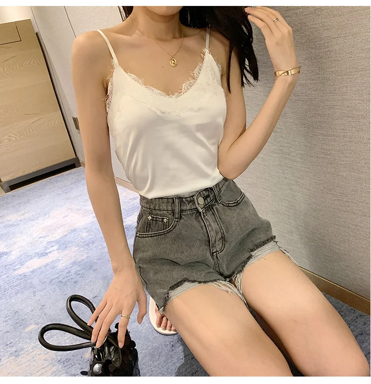 Lace Trim Double V Neck Satin Silk Top Sexy Tops for Women Fitness Tank Top White Elegant Workwear Women's Sleeveless Tops