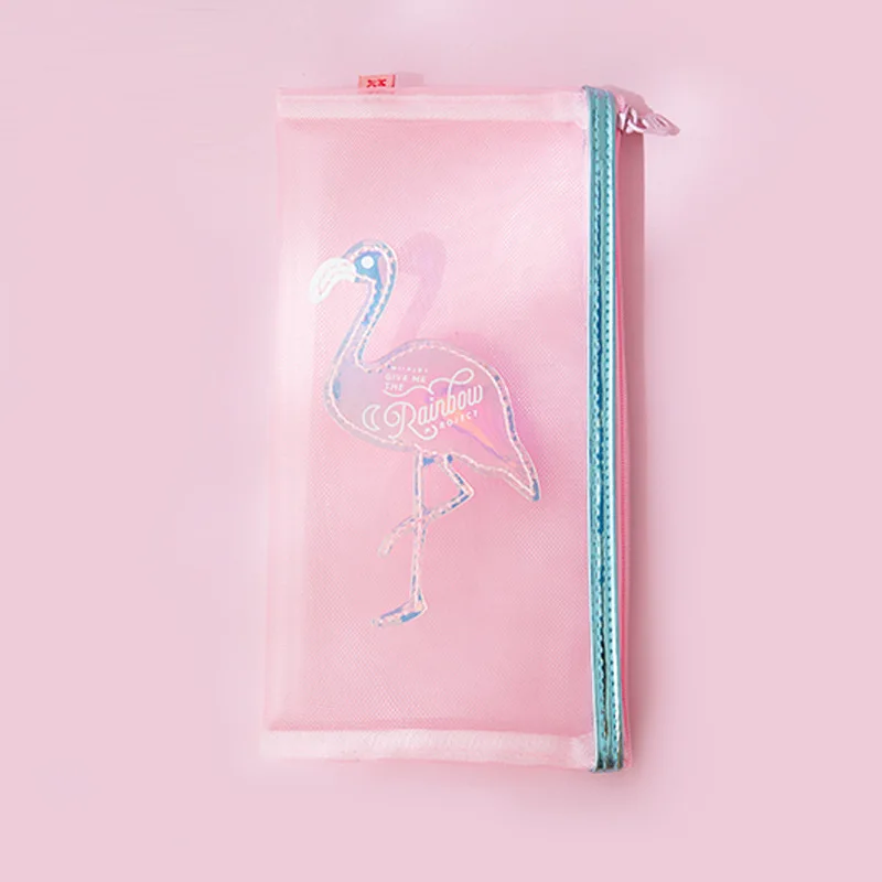 Кавайный школьный пенал-чехол для девочек, прозрачный Пенал-чехол для карандашей с милым лазерным фламинго, пенал для ручек, сумка для канцелярских принадлежностей