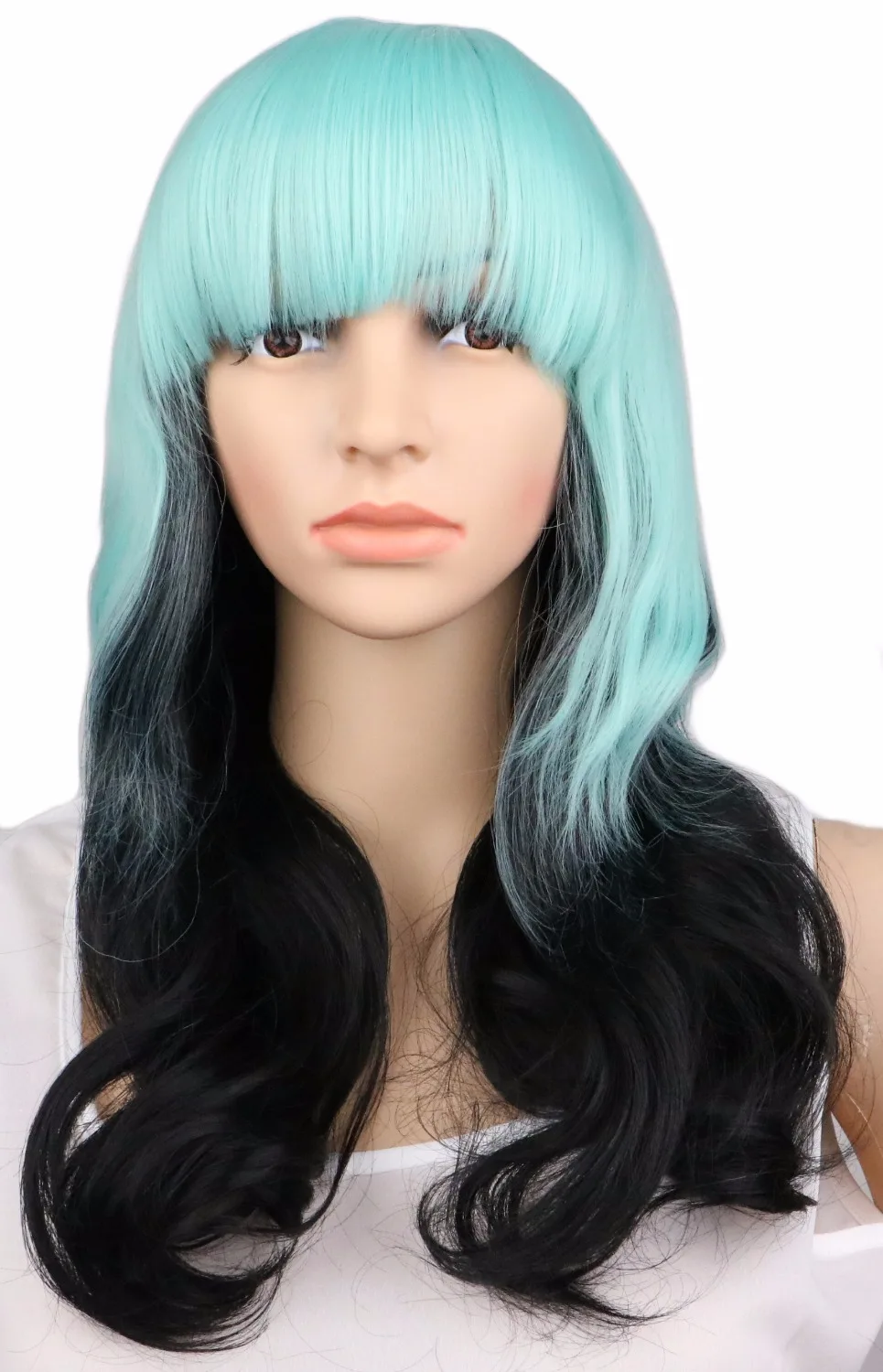 QQXCAIW Women Long Curly Cosplay Wig Mixed Mint Green To Black 55 Cm