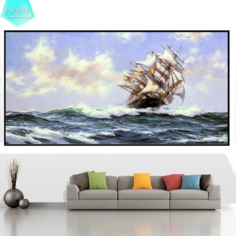 

PSHINY 5D DIY Diamond embroidery sailing on the waves Scenic picture full mosaic square rhinestone dimoand painting cross stich