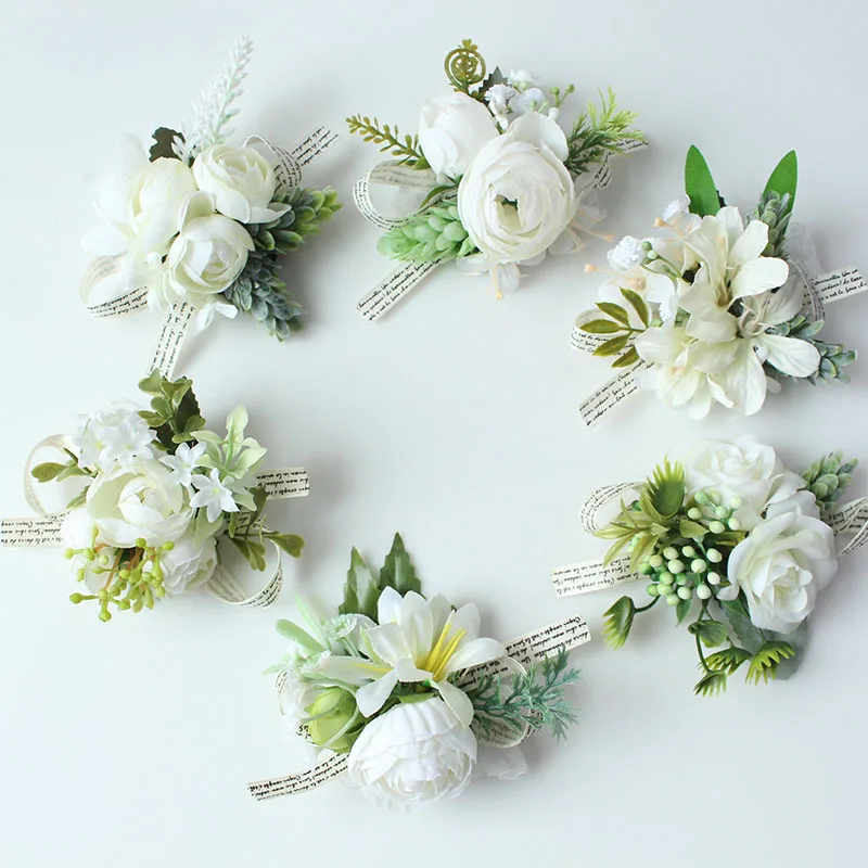 silk corsages boutonnieres white wedding marriage roses artificial (6)