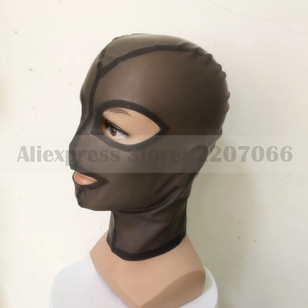 

Unisex transparent black latex rubber mask hood with back zip eyes mouth opened RLM046