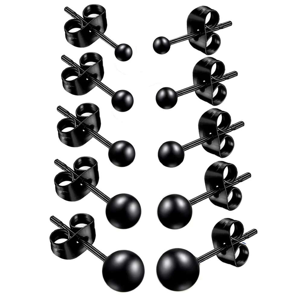 Черный покрытием круглый шар серьги гвоздики серьги из нержавеющей стали шпильки 0,7 мм 50 шт. AW5140Bl