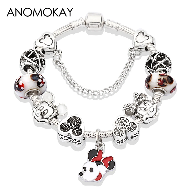 

New Arrival Antique Silver Mickey Minnie Trendy Bead Pan Bracelet Black Red Crystal Bead Bracelets & Bangles for Girl Boy