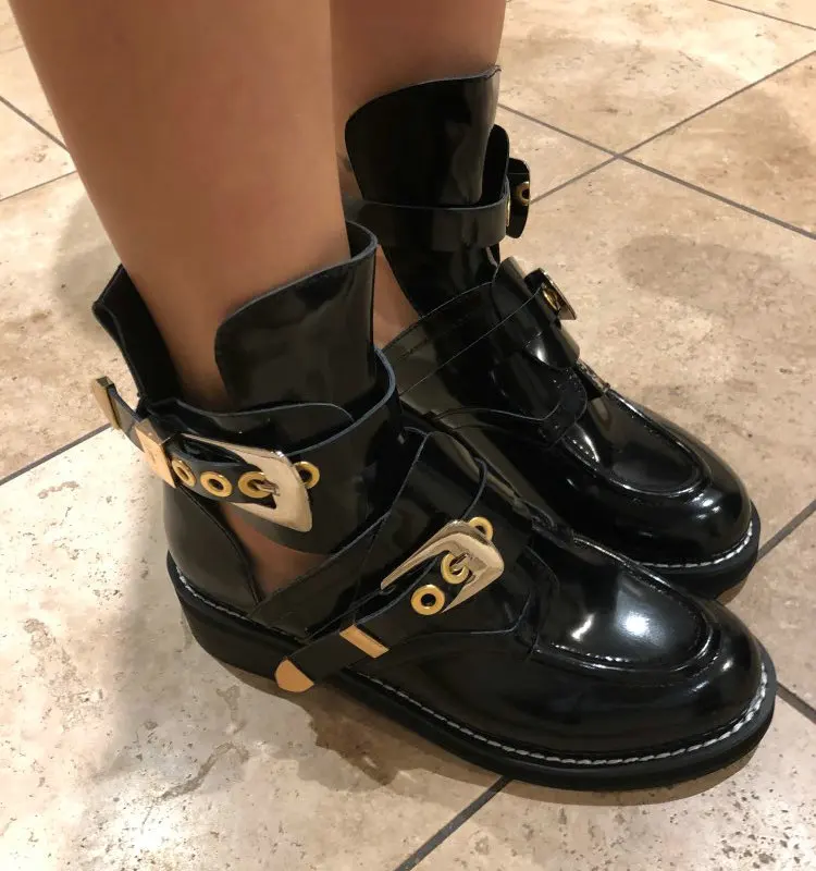 

Punk Booties Buckle Straps Thick Heel Black Ankle Boots Cut Out Woman Boots Motorcycle Brand Designers Round Toe Summer Shoes