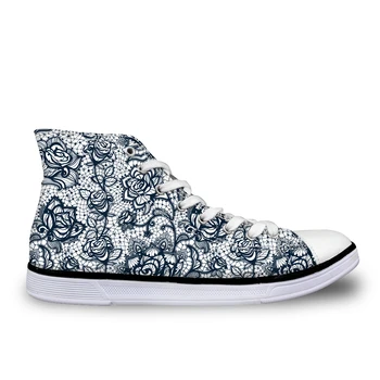 

Noisydesigns High top canvas Men sneakers vintage vulcanized lace up flat shoes Male dark blue lace pattern flower 3D print boys