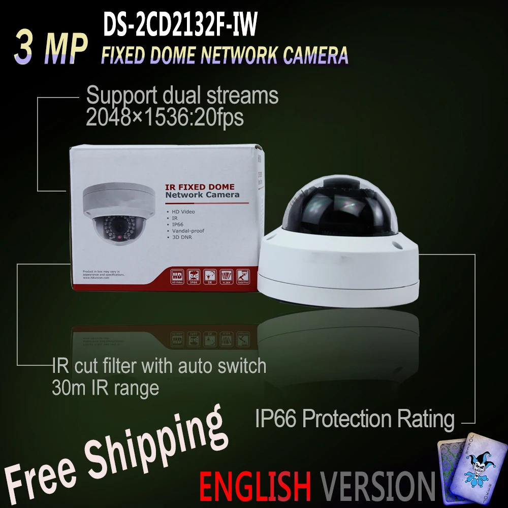 

Free Shipping DS-2CD2132F-IW English Version IP housing 3MP Dome Camera POE security Built-in Micro SD Upgradable