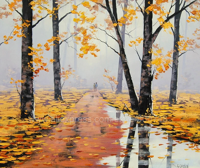 

Large Yellow Autumn Trees Landscape Impressionism oil painting Huge Wall Decor Hotel Decorative Painting Free Shipping w
