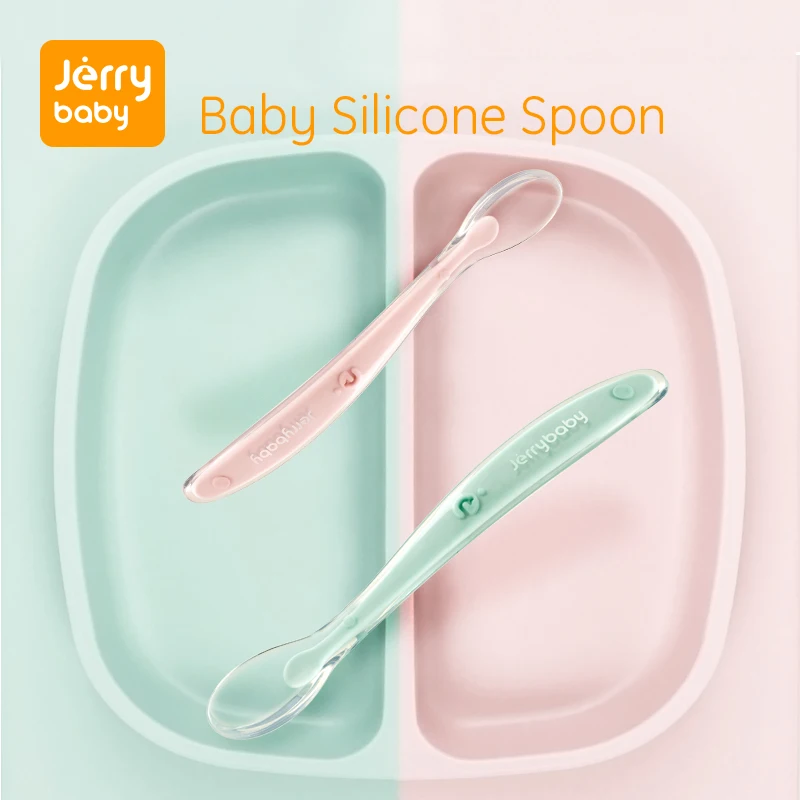 

Jerrybaby Baby Silicone Spoon Feeding Dishes Tableware For Baby Flatware Cartoon Infant Learning Spoon Baby Training Spoon
