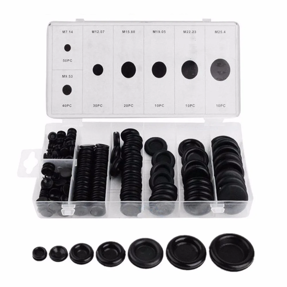 170pcs Black Rubber Grommet Firewall Hole Plug Retaining Ring Set Car