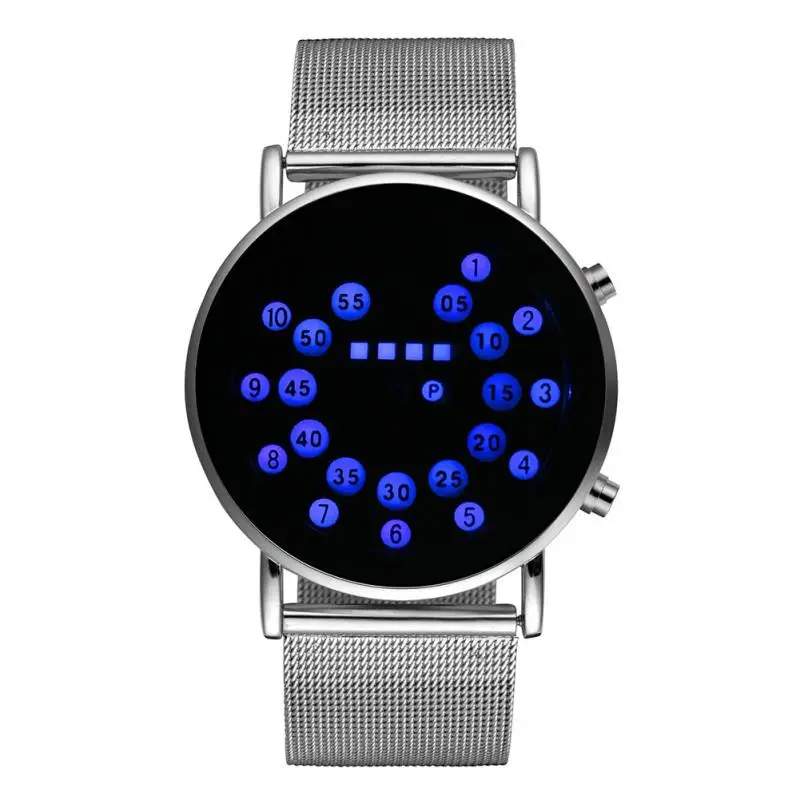 

New Silver Band Fashion Binary Watch Men Watch Stainless Steel Unique LED Digital Watches Men's Watch Clock Wristwatch