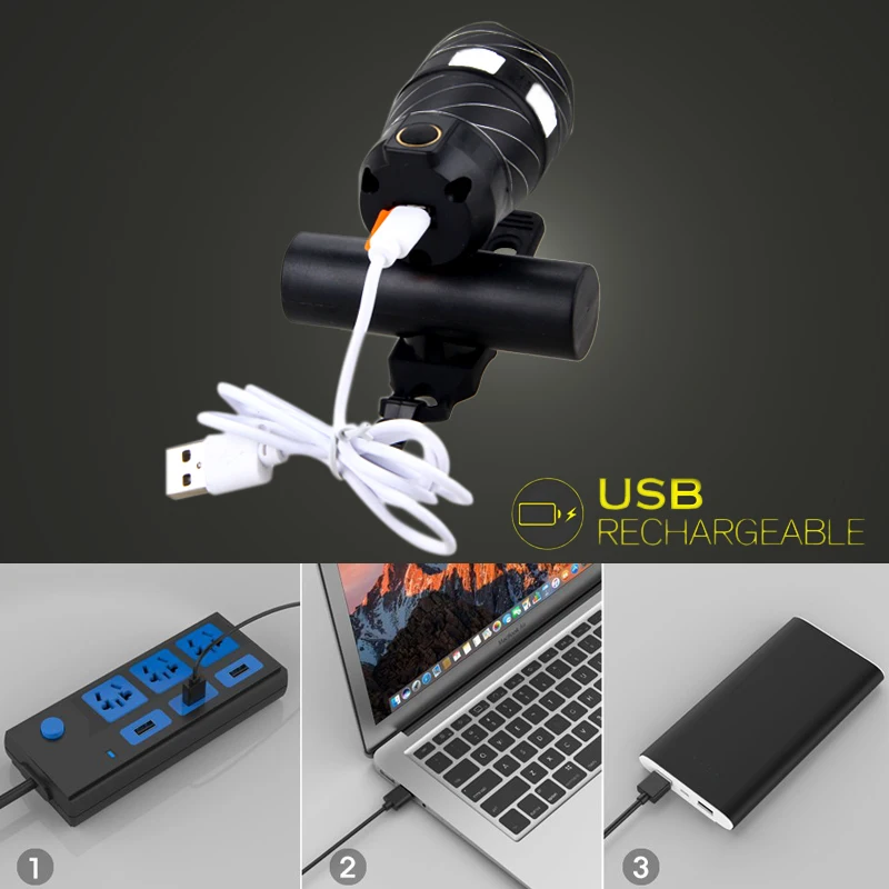 Sale Zoomable Bicycle Front Headlight XM-L T6 LED 15000LM Bike Light Lamp USB Rechargeable Built-in Battery 3 Modes Torch 4