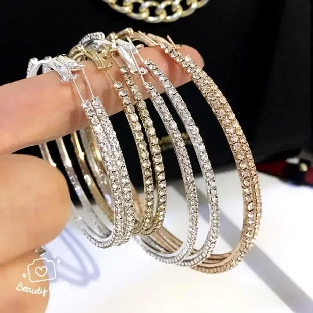 

Rhinestone Hoop Earring For Women Brincos Silver Gold Color Geometric Round Circle Earrings Steampunk Statement Party Jewelry