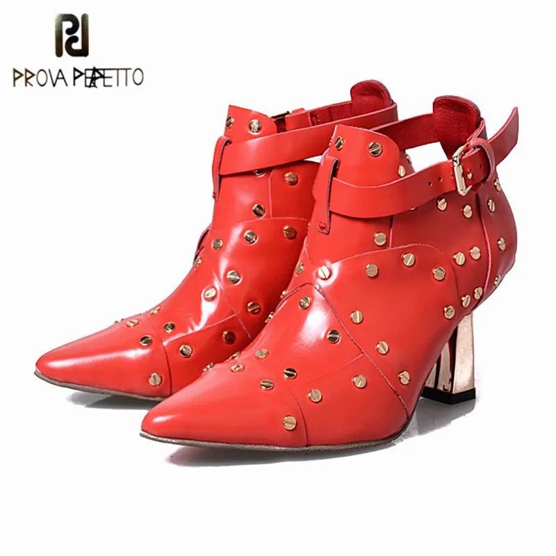 

Prova Perfetto Bling Patchwork Sexy Rivets Ankle Strap Woman Single Shoes Elegant Pointed Toe Spike High Heel Chelsea Boots