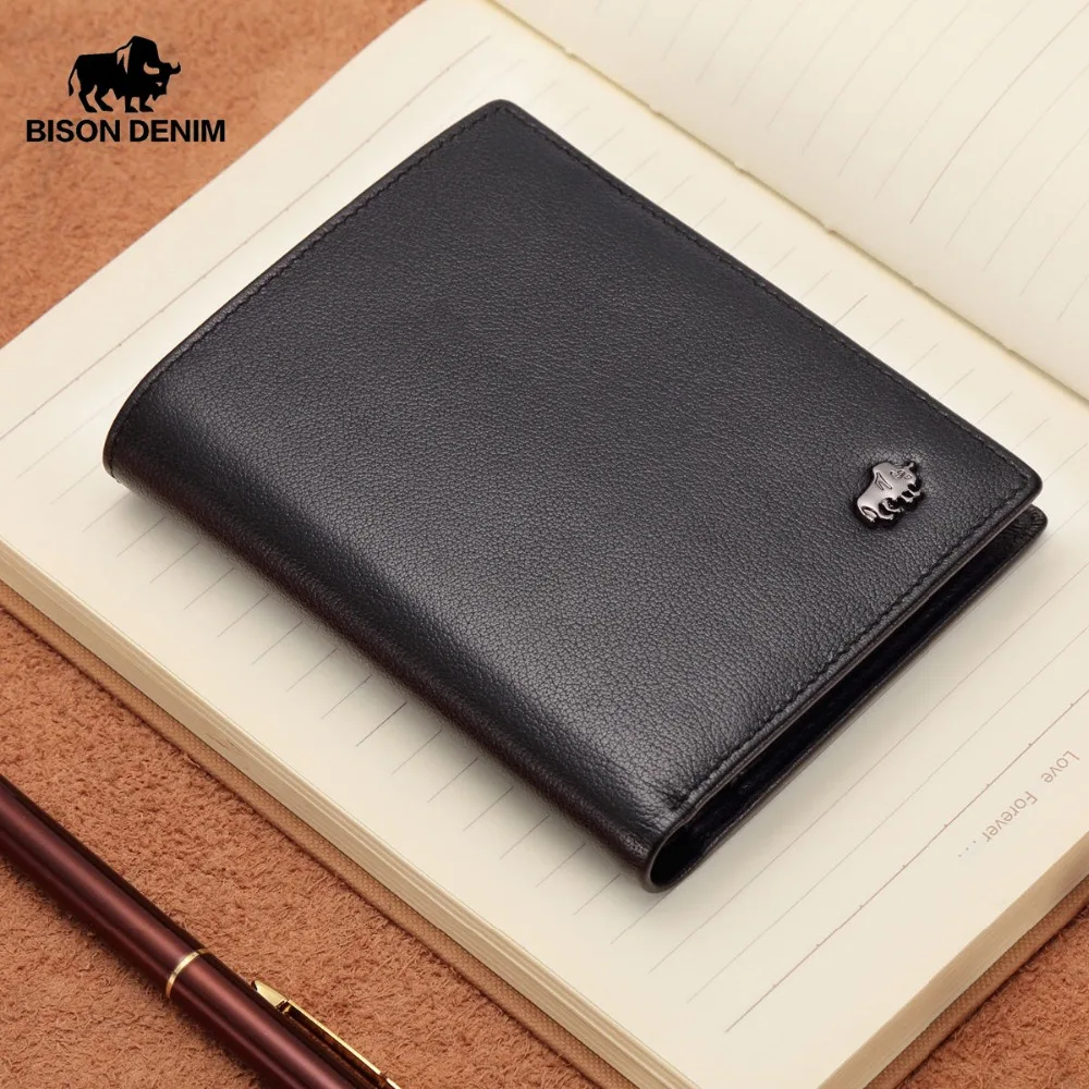 

BISON DENIM Cowskin Leather Men's Wallets Purse For Men Male Genuine Leather Wallet Purses Money Holders Short Wallet N4474