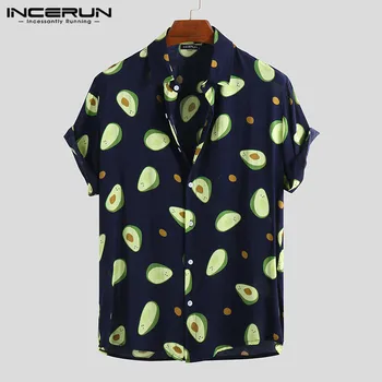 

INCERUN 2020 Summer Avocado Print Shirt Men Short Sleeve Breathable Button Casual Tops Fashion Men Beach Hawaiian Shirts S-5XL