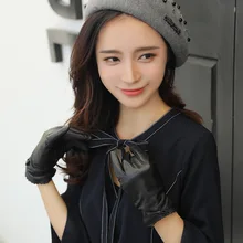 Genuine Leather Women Gloves Winter Thicken Plush Lined Keep Warm Wrist Lace Goatskin Driving Female Mittens ZX92