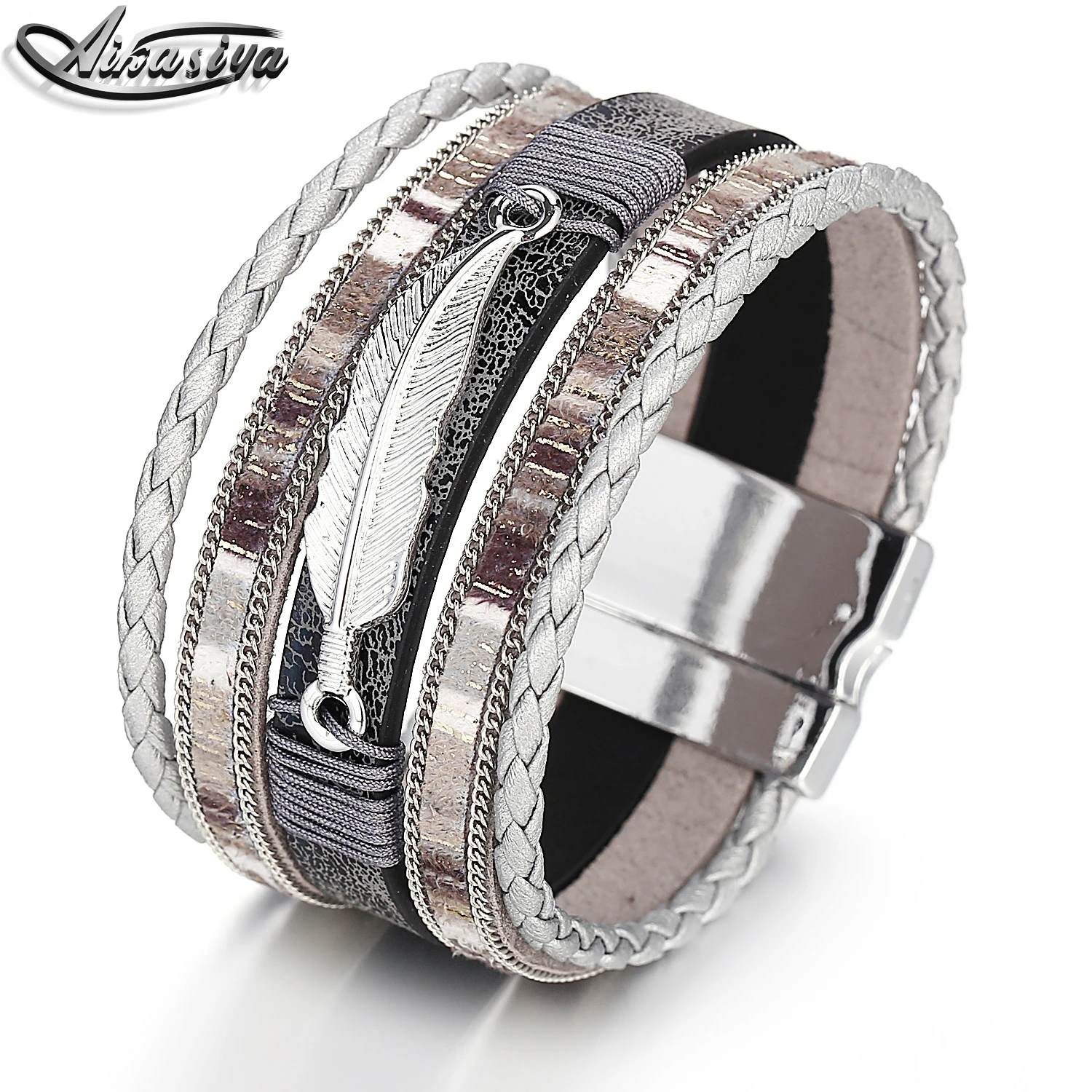 

Aikasiya Vintage Bohemian Leaf Woven Leather Bracelet Retro Bracelet for Women Charm Bracelet Jewelry Female Bangles 2019