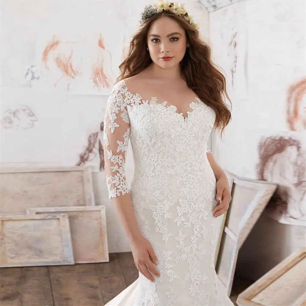 

Vestido de noiva Three Quarter Sleeve Lace Button Back Wedding Dress 2017 custom made marriage wedding dressse secy neck line