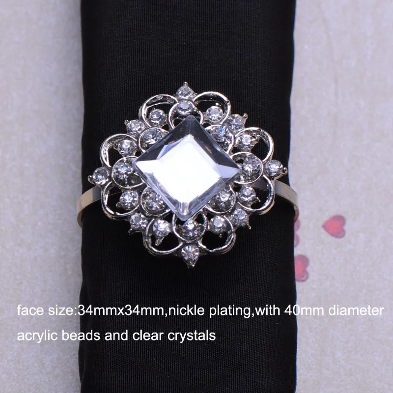 

(J0468-ring) 34X34mm rhinestone napkin ring for wedding table decoration,nickle plating,ring size:40mm,acrylic beads in middle