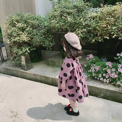 Осеннее платье в горошек в Корейском стиле для маленьких девочек милые детские платья из тканого хлопка детские костюмы - Цвет: Фиолетовый