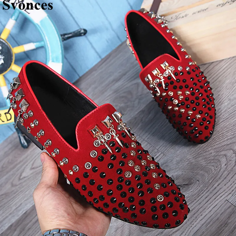 

Svonces Sales Rivets Oxfords Shoes For Men Party Studs Fashion Red Nubuck Leather Espadrilles Mens Casual Shoes Large Size 46